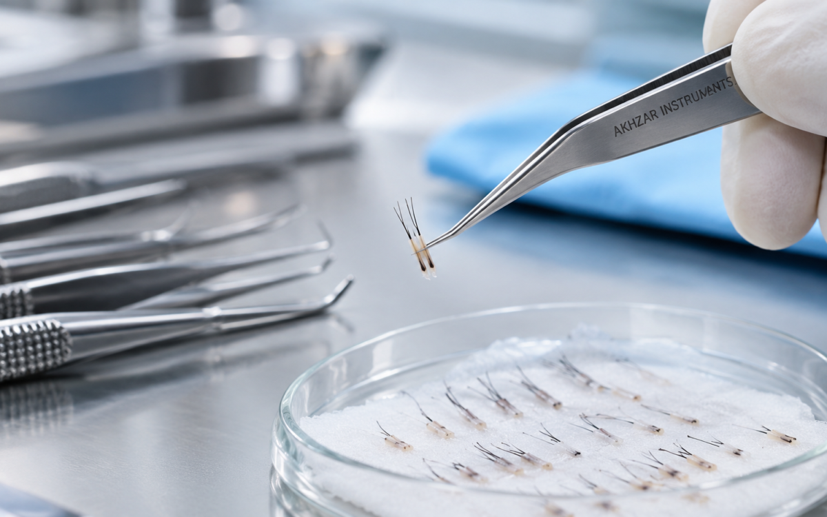 Graft forceps handling follicular units during hair transplant procedure