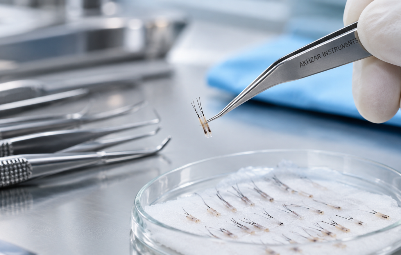 Graft forceps handling follicular units during hair transplant procedure